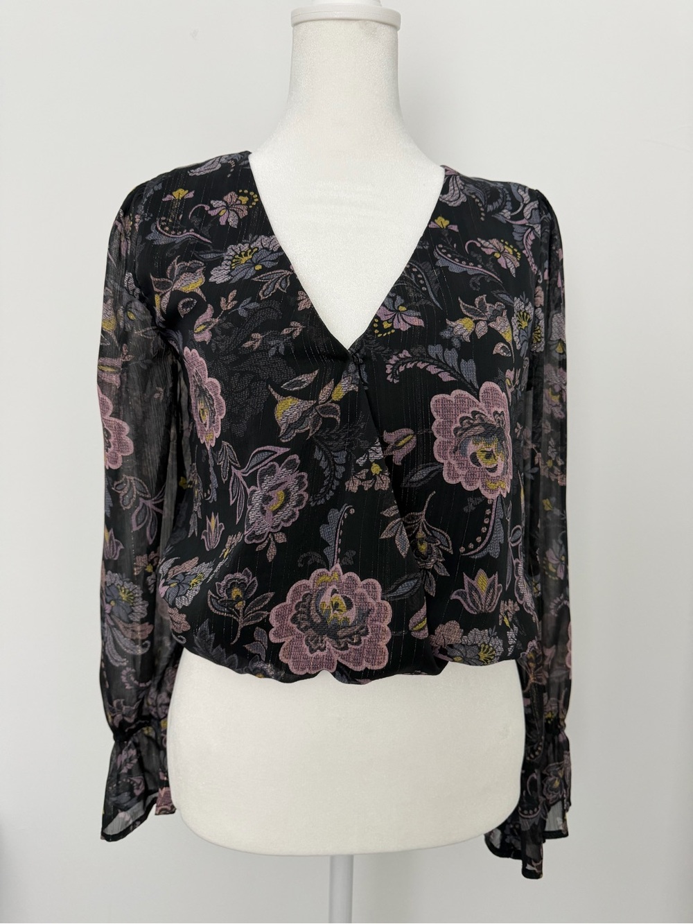 Francesca’s Floral Long Sleeve Blouse Black with Pink Floral fairy romantic
